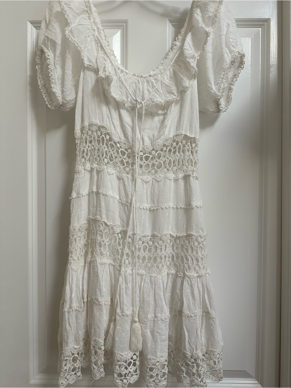 Free People White Crochet-Tier Mini Dress with Puff Sleeves